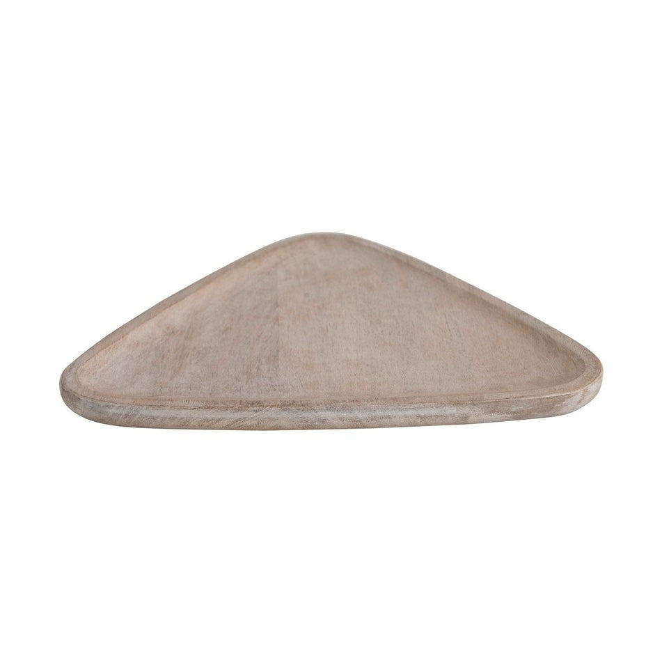 Hand-carved wooden tray featuring a minimalist triangular serving platter on a white background with softly rounded edges, a raised perimeter rim, and a subtle whitewashed wood grain finish