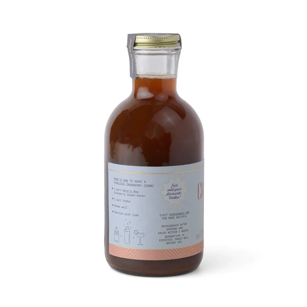 Back label of a Here's How Cranberry Cosmo cocktail mixer bottle with mixing directions