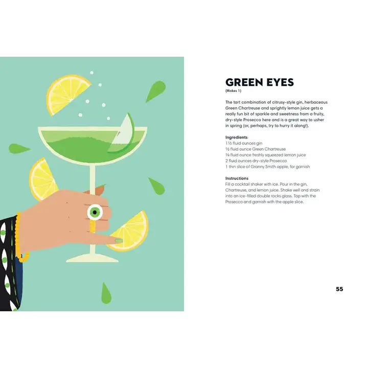 Digital illustration of a Green Eyes cocktail recipe page featuring the bold Green Eyes title and a hand with a green eyeball ring holding a green drink garnished with an apple slice and yellow lemon wedges