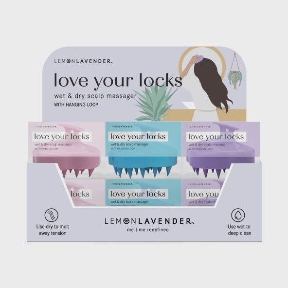 Digital graphic design for Lemon & Lavender showcases Love Your Locks scalp massagers with pink, teal, and purple spiky bristles in a boho-style retail display featuring a hanging macrame plant illustration
