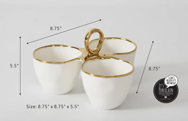 Pampa Bay porcelain three-bowl condiment server featuring a circular gold ring handle and metallic gold-rimmed edges shown with size dimensions on a plain white background