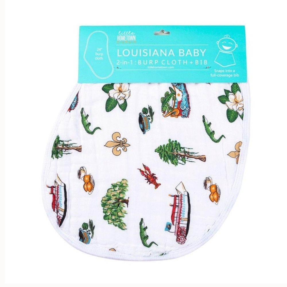 White burp cloth with Louisiana icons in Little Hometown Louisiana Baby burp cloth and bib packaging