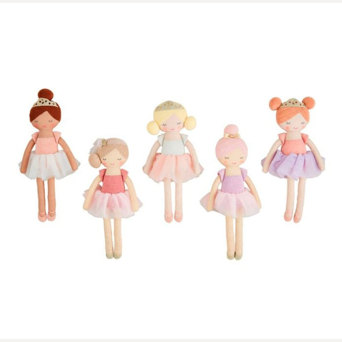 Handcrafted fabric ballerina dolls featuring five diverse figures on a white background with shimmering gold crowns, multi-layered pastel tulle tutus, and various hair textures and skin tones