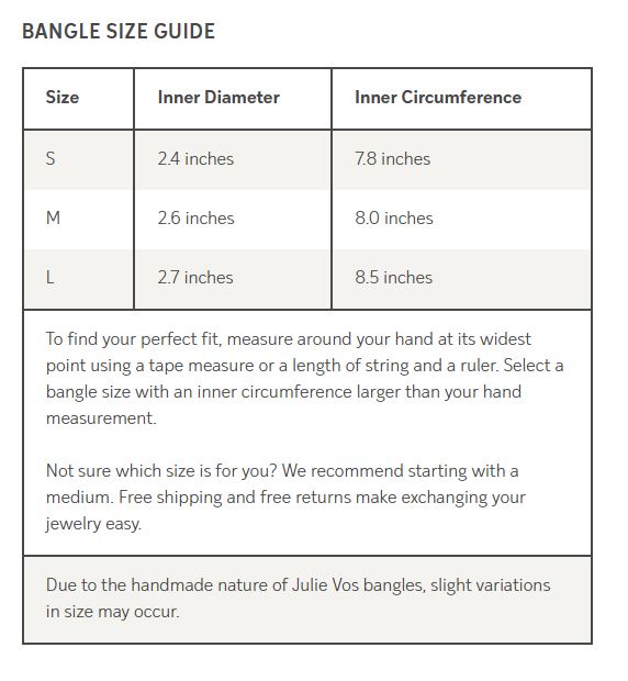 Digital graphic by Julie Vos of a bangle size guide chart detailing inner diameter and circumference measurements for small, medium, and large sizes within a clean table on a soft cream background
