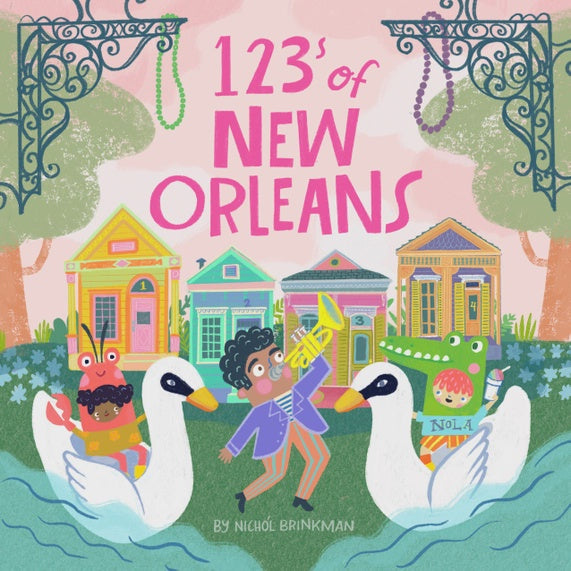 Digital illustration by Nichol Brinkman depicts a vibrant New Orleans scene with colorful shotgun houses, a musician playing a yellow trumpet, and children in crawfish and alligator costumes riding white swan boats under decorative ironwork and Mardi Gras beads