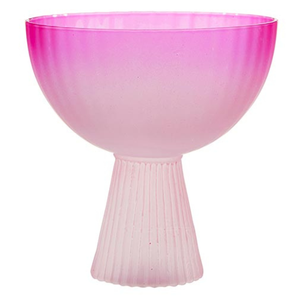 Frosted glass footed bowl featuring a vibrant ombré pink gradient, vertical fluted ribbing across the body, and a tapered frosted base set against a white background