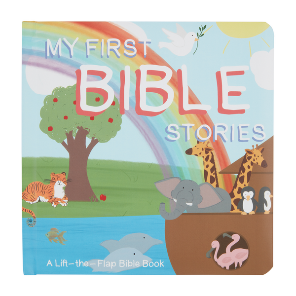 Children's book illustration for My First Bible Stories depicting Noah's Ark and a large apple tree under a vibrant rainbow featuring a white dove with an olive branch, long-necked giraffes, and two pink flamingos in a circular window