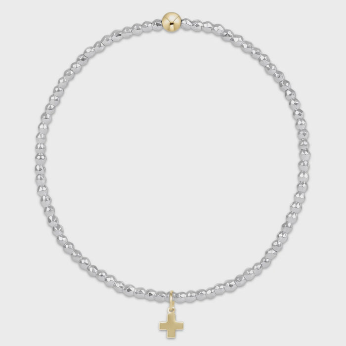 Bright Silver Faceted Hematite 2mm Bracelet - Signature Cross Gold Charm