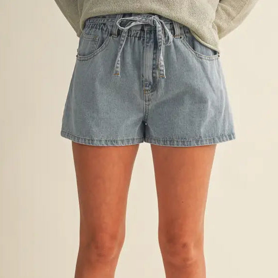 High Rise Gathered Waist Denim Shorts
