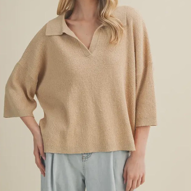 Polo Collar Open V-Neck Pullover