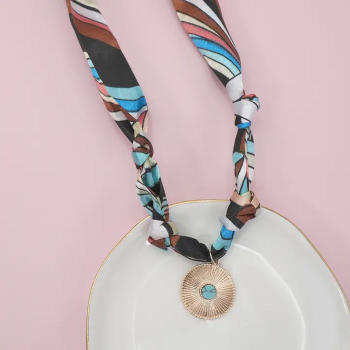 Handmade Scarf Charm Necklace - Gold and Teal Circle