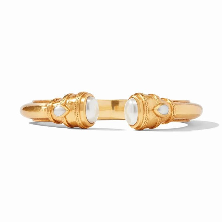 18k gold-plated brass cuff bracelet by Julie Vos featuring large iridescent white pearls at the open terminals, displayed against a white background with hammered metal textures and twisted rope detailing