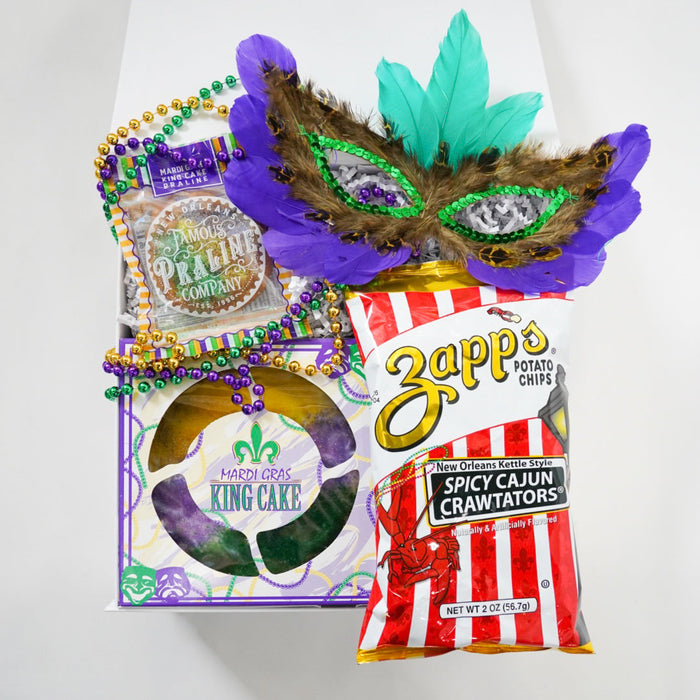 Mardi Gras-themed items including a mask, king cake, and spicy crawfish packaging on a white background