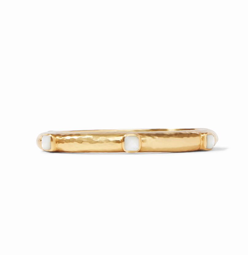 Julie Vos 24k gold-plated hammered bangle showcased on a white studio background featuring square iridescent mother of pearl cabochons and a distinctive textured finish