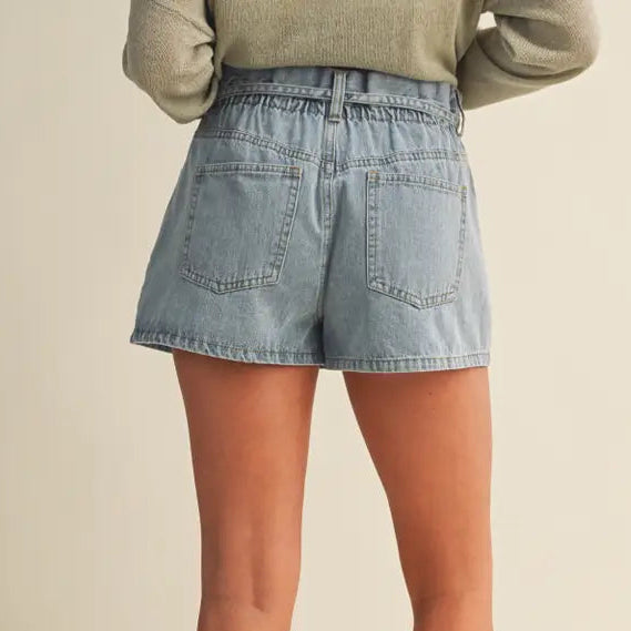 High Rise Gathered Waist Denim Shorts