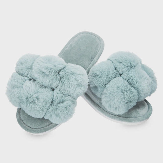 Luxe Pom-Pom Open Toe Plush Slippers