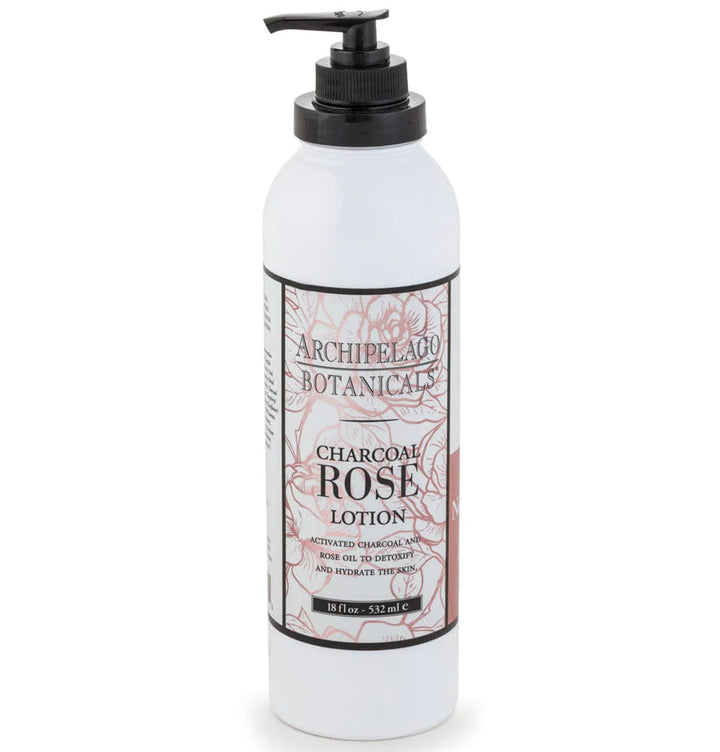 Archipelago Botanicals Charcoal Rose lotion in a white pump bottle