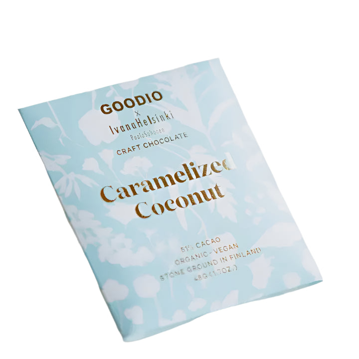 Goodio Caramelized Coconut chocolate bar in light blue floral packaging