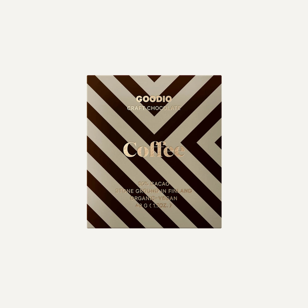 Graphic design packaging by Goodio features a Coffee flavored craft chocolate bar from Finland showcasing a bold brown and cream chevron pattern with rose gold foil typography and stone ground 56% cacao text