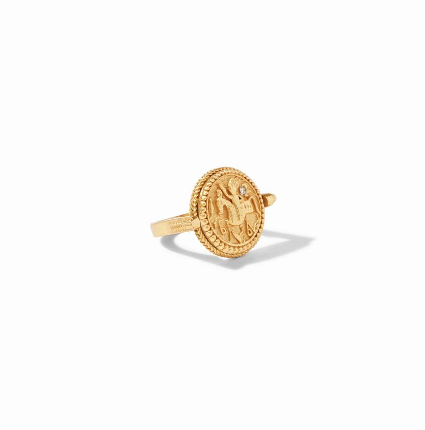 18k yellow gold David Yurman ring featuring a relief-carved chariot coin with a signature twisted cable border and a small inset diamond accent centered on a white background
