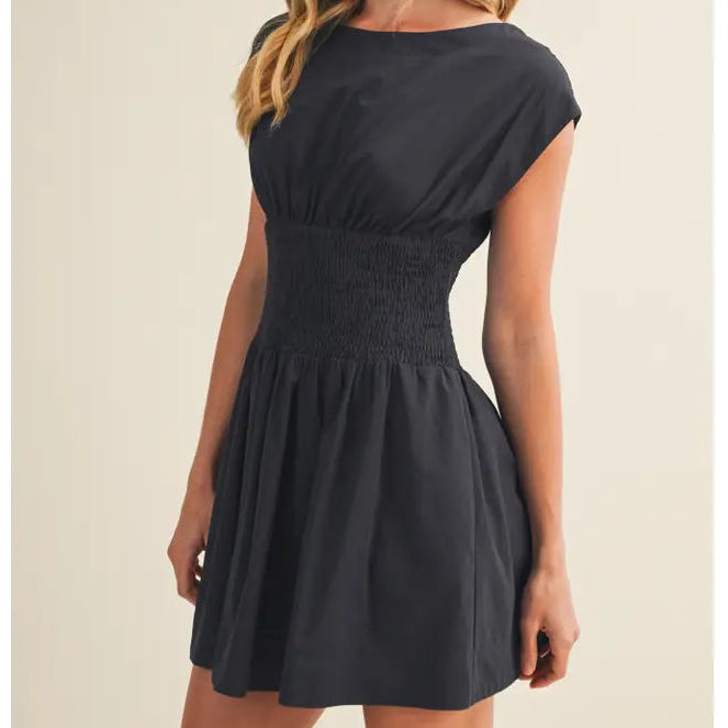Smocked-Waist Blouson Poplin Dress