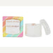 Product photograph by Aroma Avenue of a Happy Birthday Amber Vanilla candle in an iridescent textured glass jar alongside its colorful pastel-striped gift box featuring elegant gold foil borders and lettering