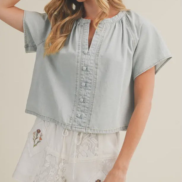 Gathered Collar V-Notch Denim Blouse