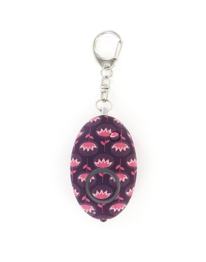 Purple egg-shaped alarm keychain with pink lotus flower print