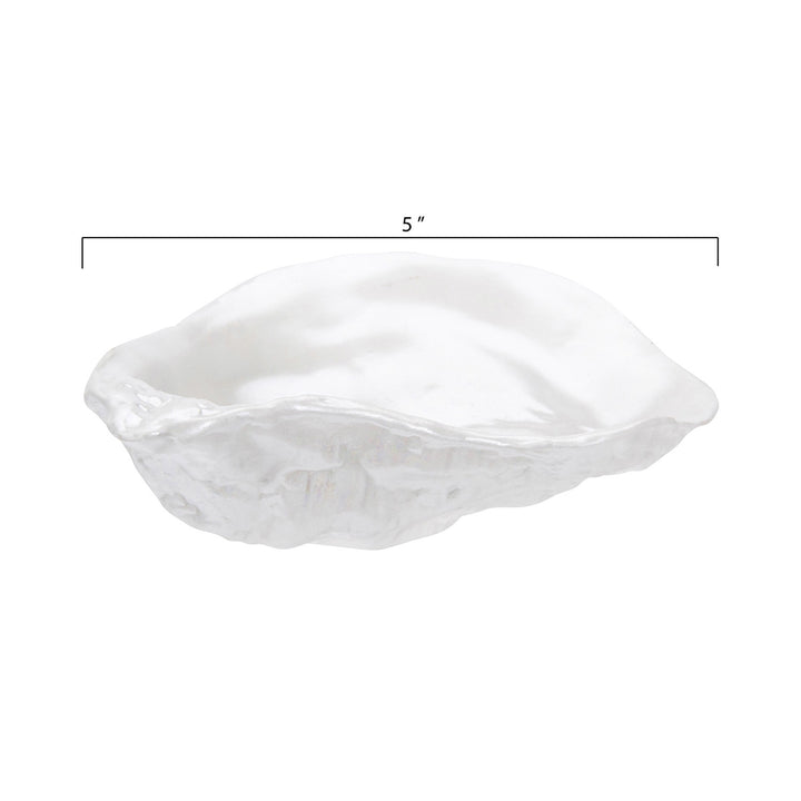 Ceramic oyster-shaped decorative dish on a white background featuring a shimmering pearlescent finish, realistic exterior shell ridges, and a 5-inch width measurement indicator