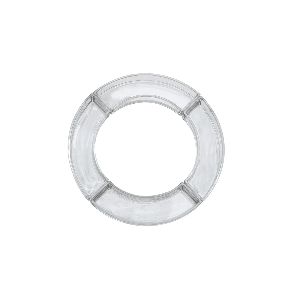 Clear glass dish set featuring a circular serving tray on a white background with four interlocking curved sections, polished transparent surfaces, and smooth rounded ridges