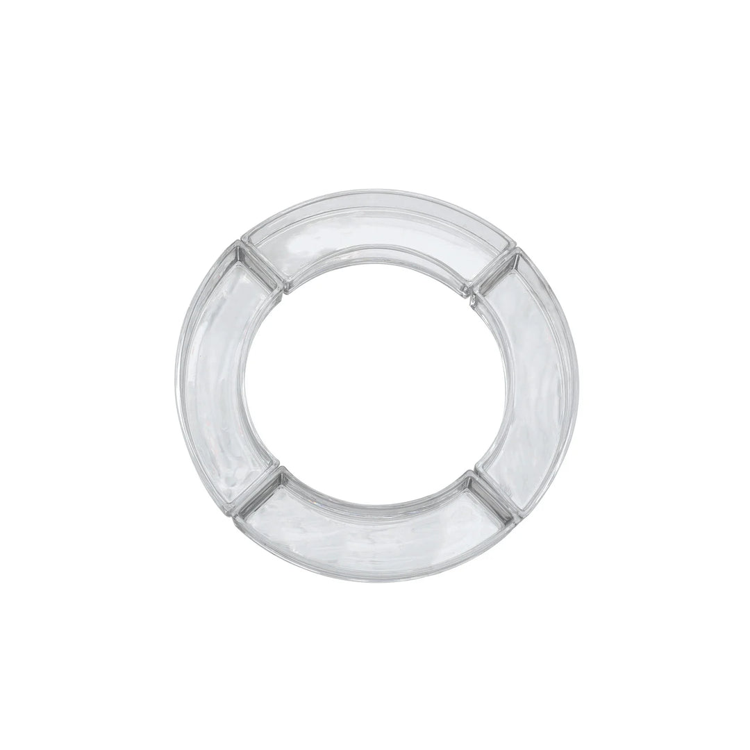 Clear glass dish set featuring a circular serving tray on a white background with four interlocking curved sections, polished transparent surfaces, and smooth rounded ridges