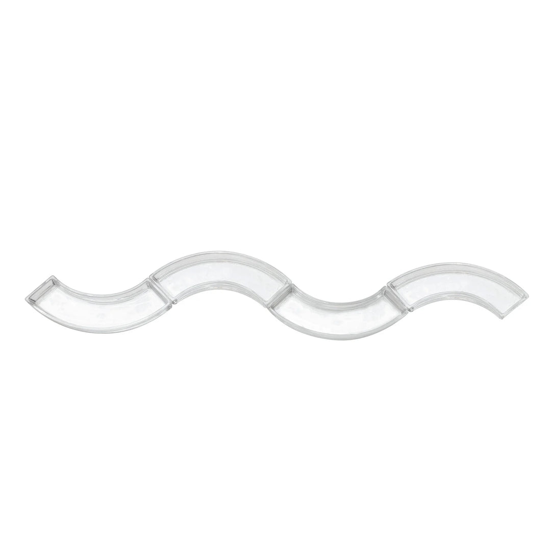 Clear acrylic modular tray serpentine drawer organizer on a white background featuring four interlocking curved segments and a sleek translucent finish