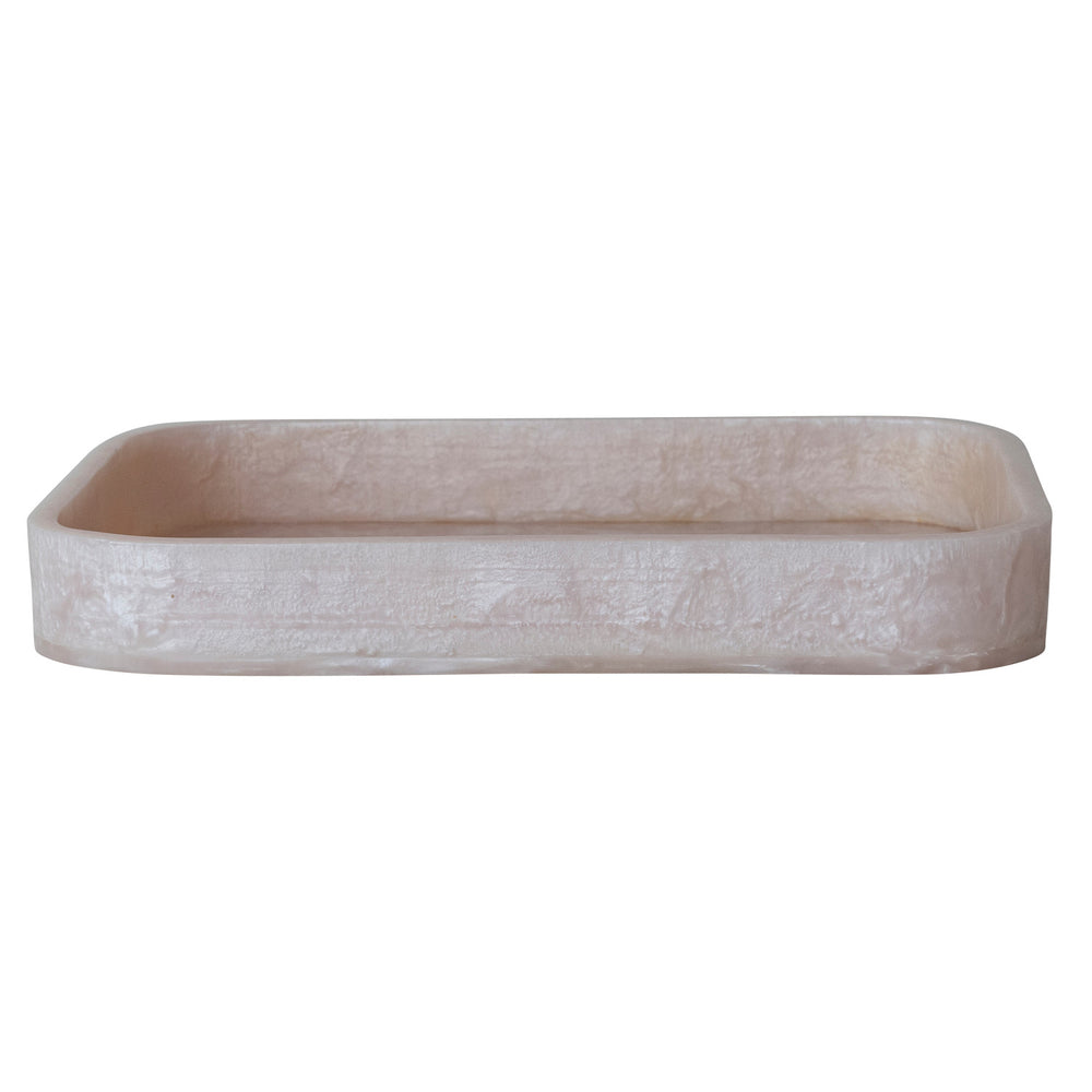 Resin rectangular tray featuring a pale pink marble-textured finish, shallow basin, and smooth rounded corners centered on a minimalist white background
