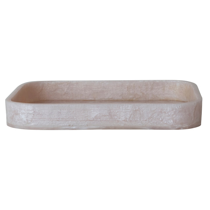 Resin rectangular tray featuring a pale pink marble-textured finish, shallow basin, and smooth rounded corners centered on a minimalist white background