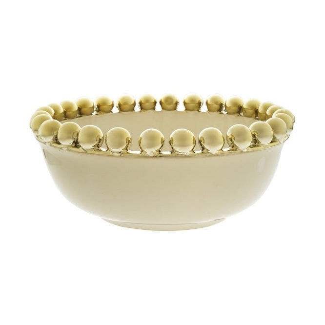Bone china small bowl by Marchesa for Lenox on a white background featuring a glossy ivory finish and a decorative rim of polished gold-plated beads
