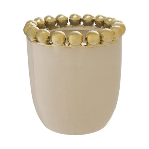 Ceramic decorative planter featuring a smooth cream finish and a rim embellished with small polished gold beads centered on a solid white background