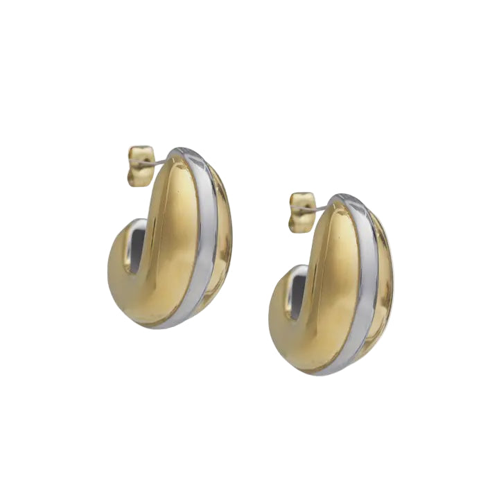 Two-tone metal jewelry photography displays a pair of chunky gold-plated hoop earrings centered on a white studio background featuring a high-polish yellow gold finish, a contrasting silver-toned central stripe, and secure butterfly post backings
