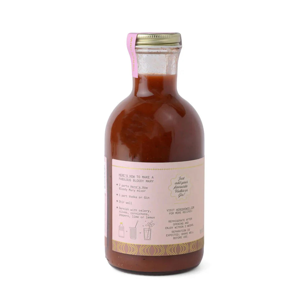 Back label of a Here's How Bloody Mary cocktail mixer bottle with mixing directions