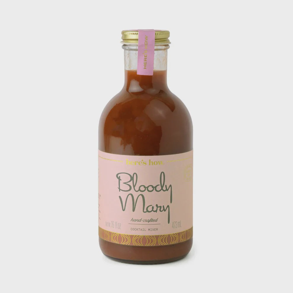 Here's How Bloody Mary hand-crafted cocktail mixer bottle with a pink label