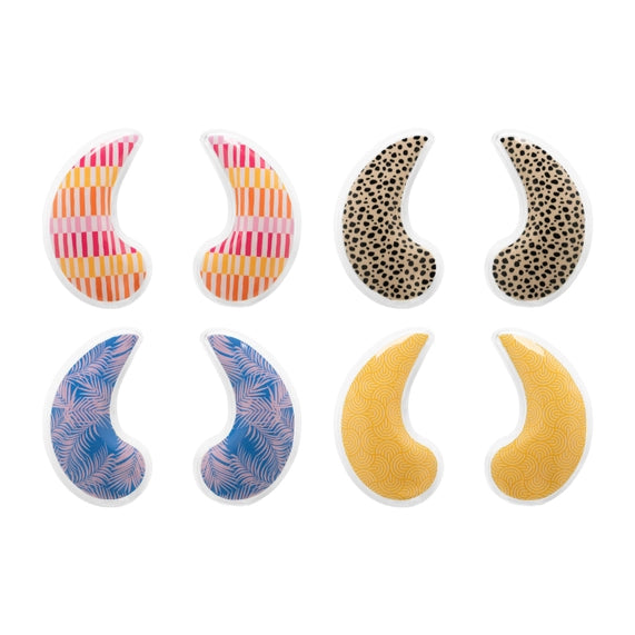 Digital product photography of four pairs of patterned under-eye gel patches on a white background featuring vibrant blue palm leaves, classic tan leopard spots, and multicolored checkered stripes