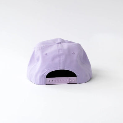 Back of a lavender cap with a snapback closure