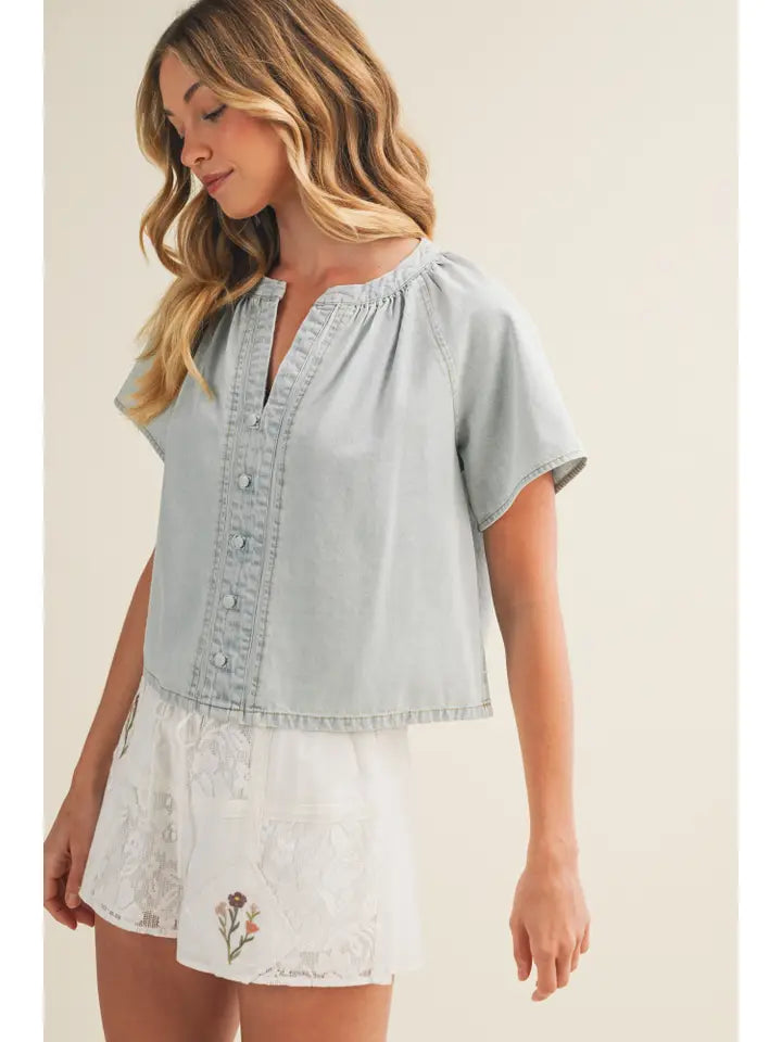 Gathered Collar V-Notch Denim Blouse