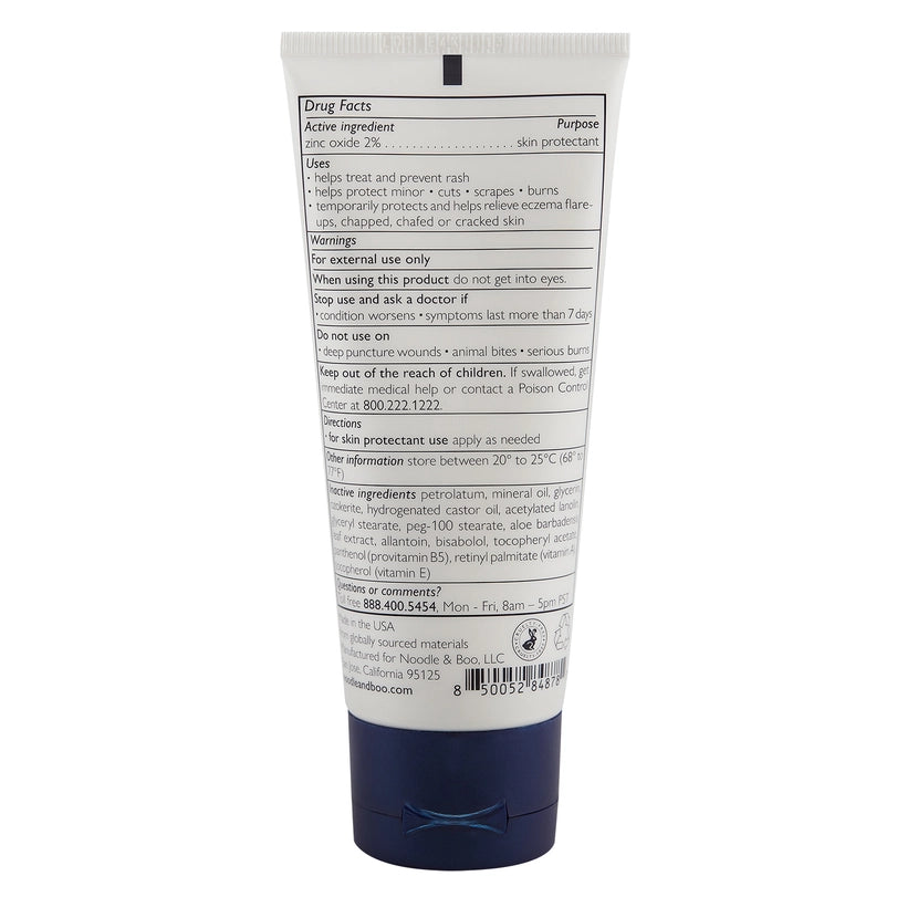 Digital photograph of a Noodle &amp; Boo skin protectant tube showing a Drug Facts label with 2% zinc oxide, a navy blue flip-top cap, and a cruelty-free leaping bunny logo on a white background