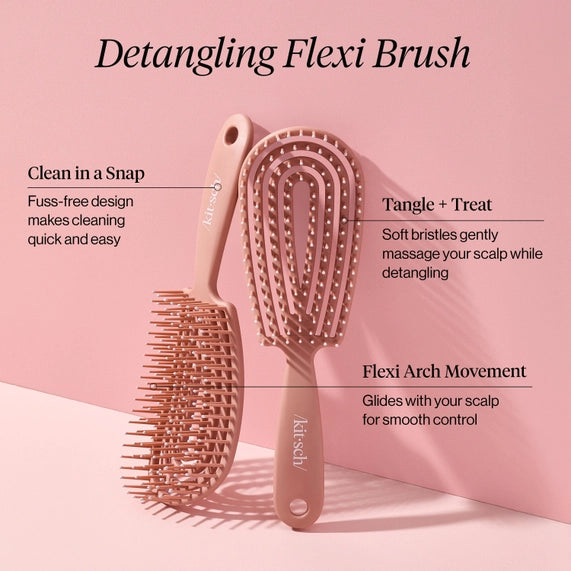 Digital product photography by Kitsch featuring two mauve Detangling Flexi Brushes in a pink studio with an open-vented spiral design and soft massaging bristles