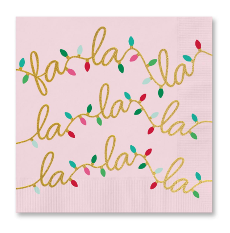 Pink cocktail napkin with fa la la in gold script strung with colorful Christmas lights