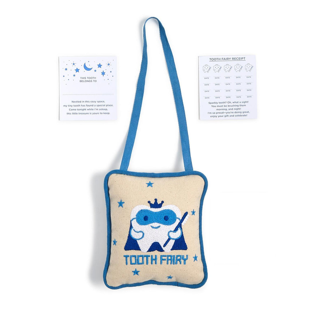 Embroidered canvas Tooth Fairy kit on a white background featuring a blue-masked superhero tooth with a crown, blue embroidered stars, and two coordinating cards for tooth receipts and ownership