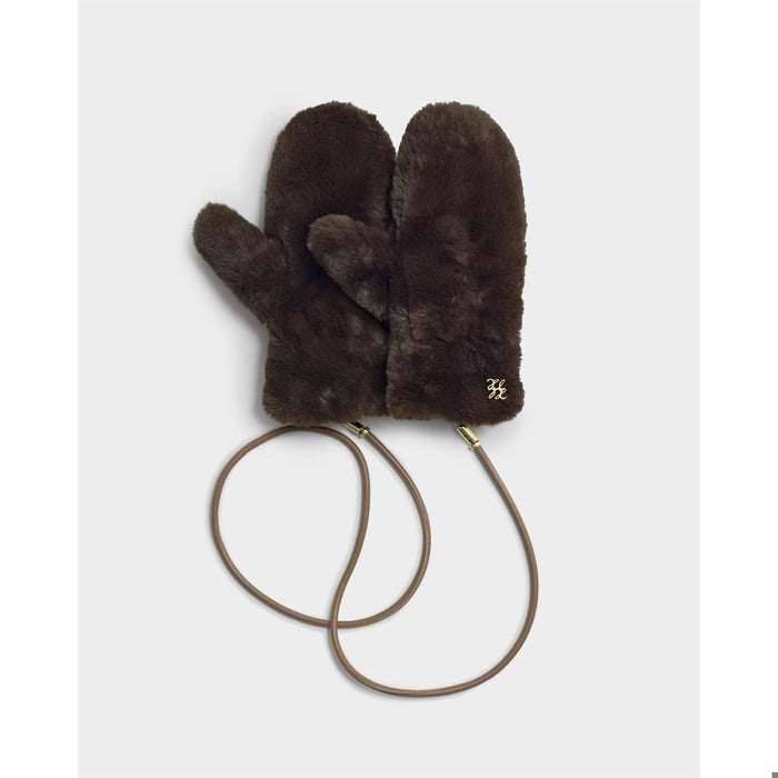 Faux Fur Mittens With Cord - Chocolate