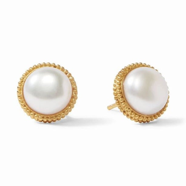 24k gold-plated jewelry by Julie Vos featuring a pair of iridescent white mabe pearl stud earrings with textured beaded gold edges set against a plain white background