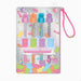 Product photograph of a Gummy Bear themed stationery set featuring four translucent bear-topped pens and sticky note flags against a silver glitter background with colorful candy illustrations and a pink braided strap