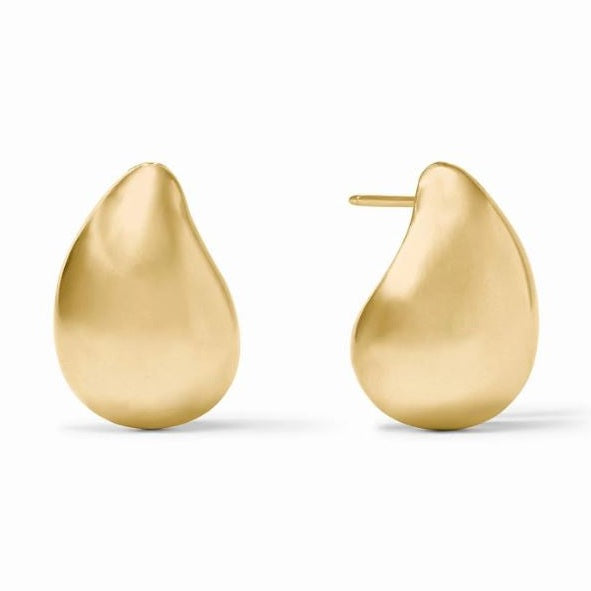 Jewelry gold stud earrings featuring an organic teardrop silhouette with a soft brushed matte finish and a visible metal post against a minimalist white background